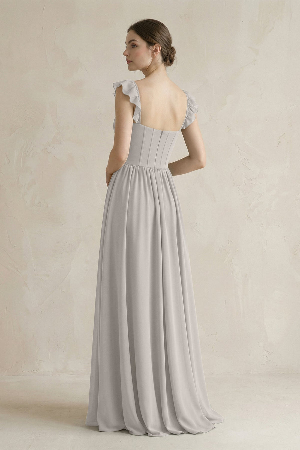 Sweetheart Chiffon Ruffled A - Line Corset Bridesmaid Dress in Silver - KISS BRIDAL Bridesmaid Dresses