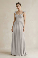 Sweetheart Chiffon Ruffled A - Line Corset Bridesmaid Dress in Silver - KISS BRIDAL Bridesmaid Dresses