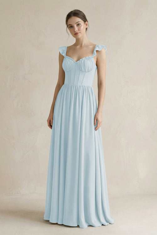 Sweetheart Chiffon Ruffled A-Line Corset Bridesmaid Dress in Sky Blue | KISSBRIDAL