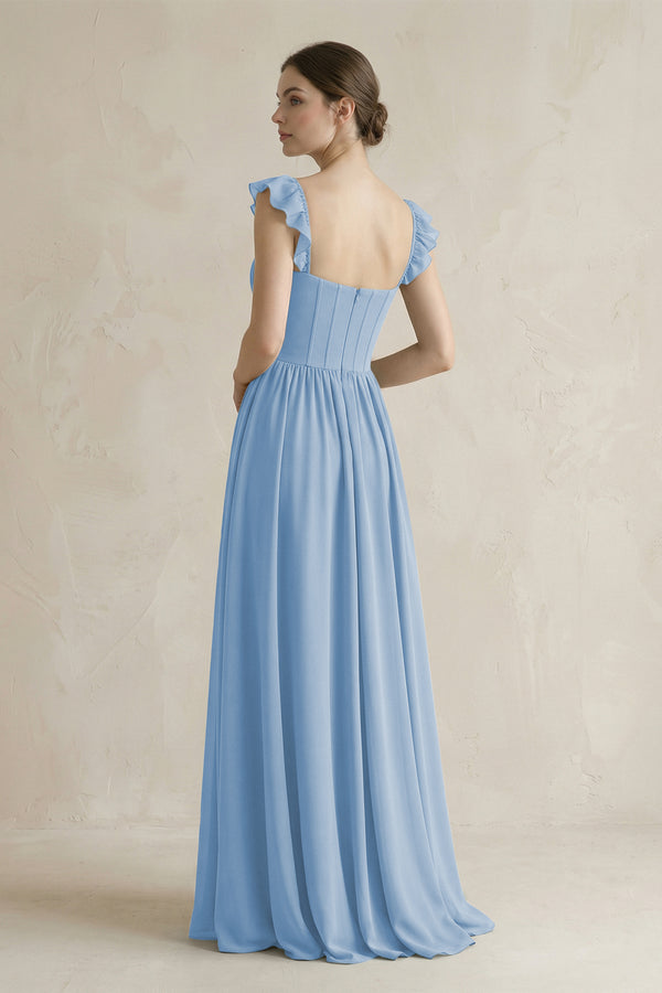 Sweetheart Chiffon Ruffled A-Line Corset Bridesmaid Dress in Steel Blue (2) | KISSBRIDAL