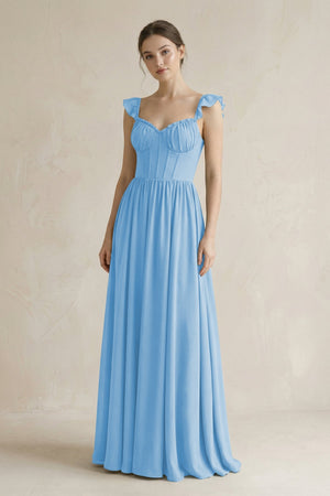 Sweetheart Chiffon Ruffled A - Line Corset Bridesmaid Dress in Steel Blue - SHE IS ME Bridesmaid Dresses