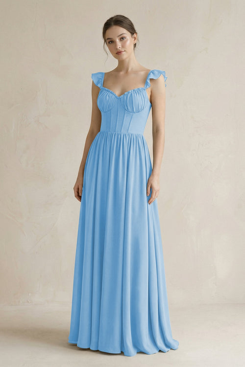 Sweetheart Chiffon Ruffled A - Line Corset Bridesmaid Dress in Steel Blue - SHE IS ME Bridesmaid Dresses
