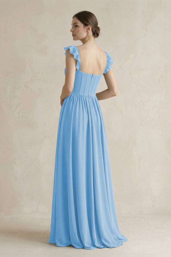 Sweetheart Chiffon Ruffled A - Line Corset Bridesmaid Dress in Steel Blue - SHE IS ME Bridesmaid Dresses