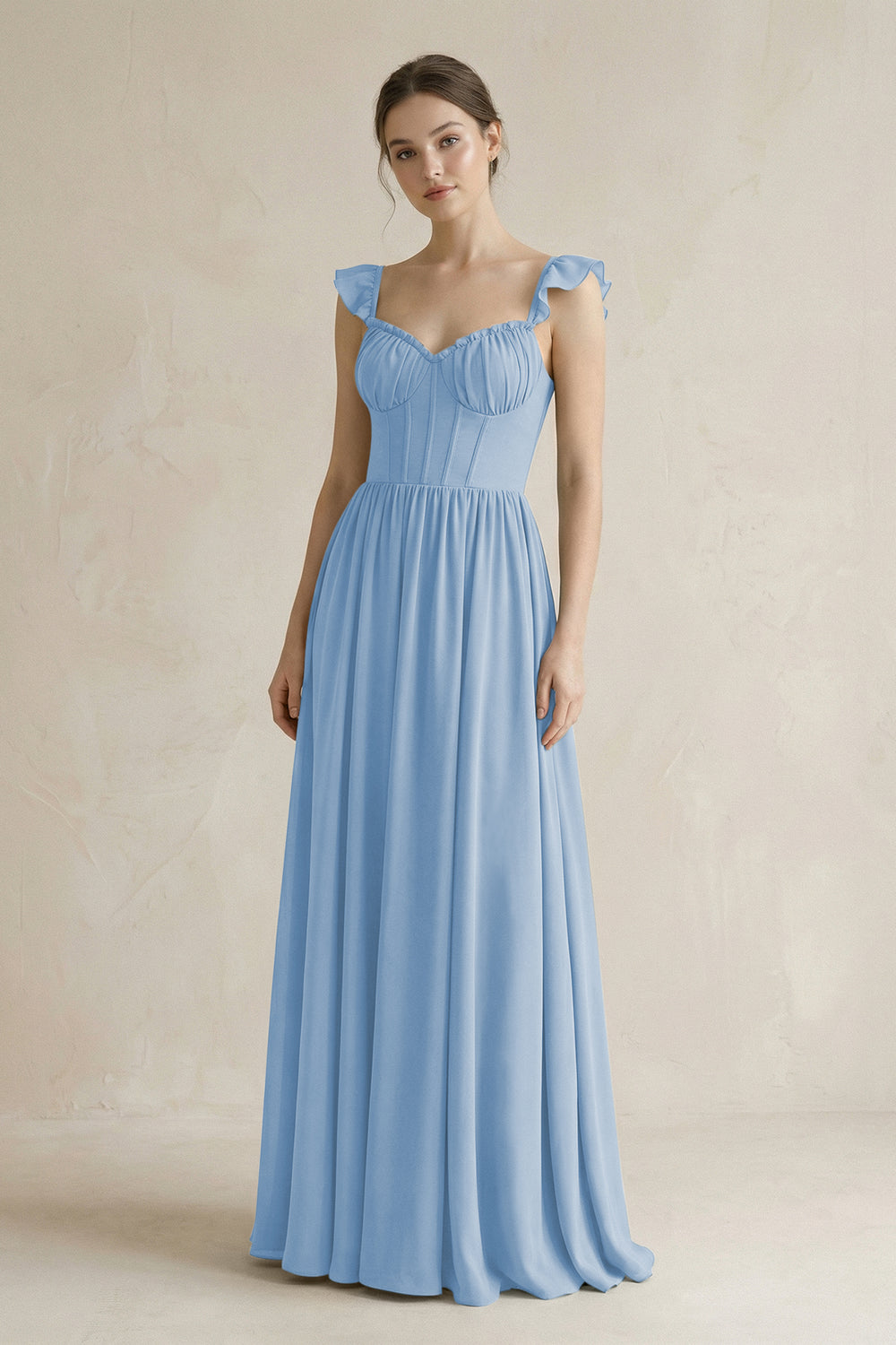 Sweetheart Chiffon Ruffled A-Line Corset Bridesmaid Dress in Steel Blue