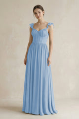 Sweetheart Chiffon Ruffled A-Line Corset Bridesmaid Dress in Steel Blue | KISSBRIDAL