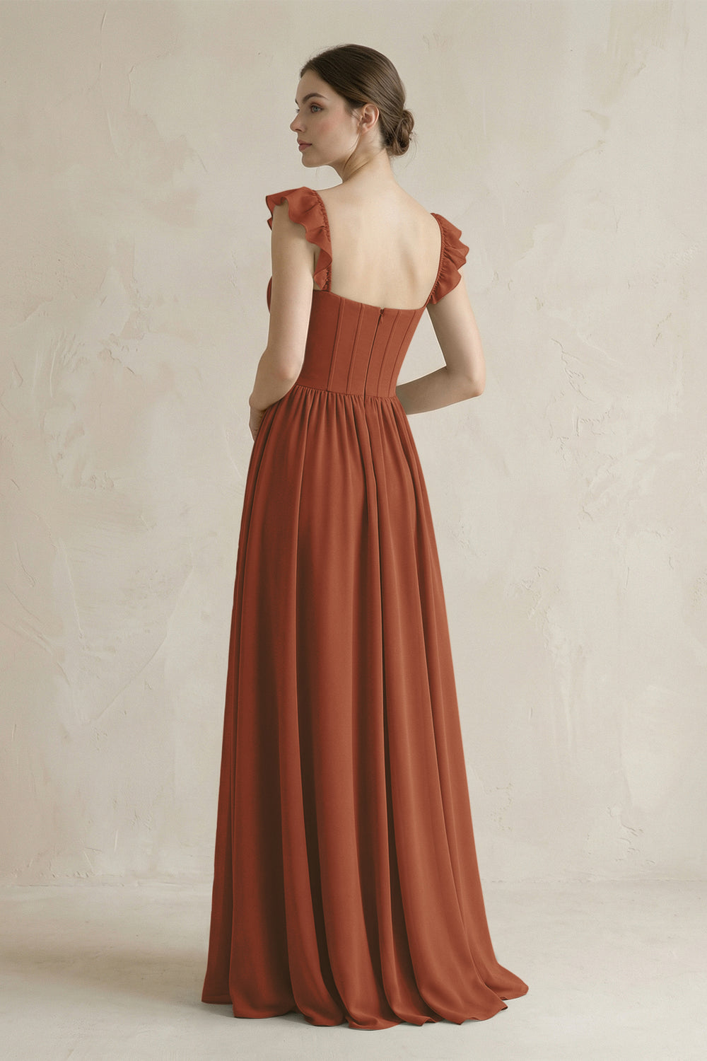 Sweetheart Chiffon Ruffled A-Line Corset Bridesmaid Dress in Terracotta