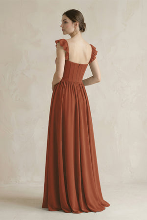 Sweetheart Chiffon Ruffled A-Line Corset Bridesmaid Dress in Terracotta (2) | KISSBRIDAL