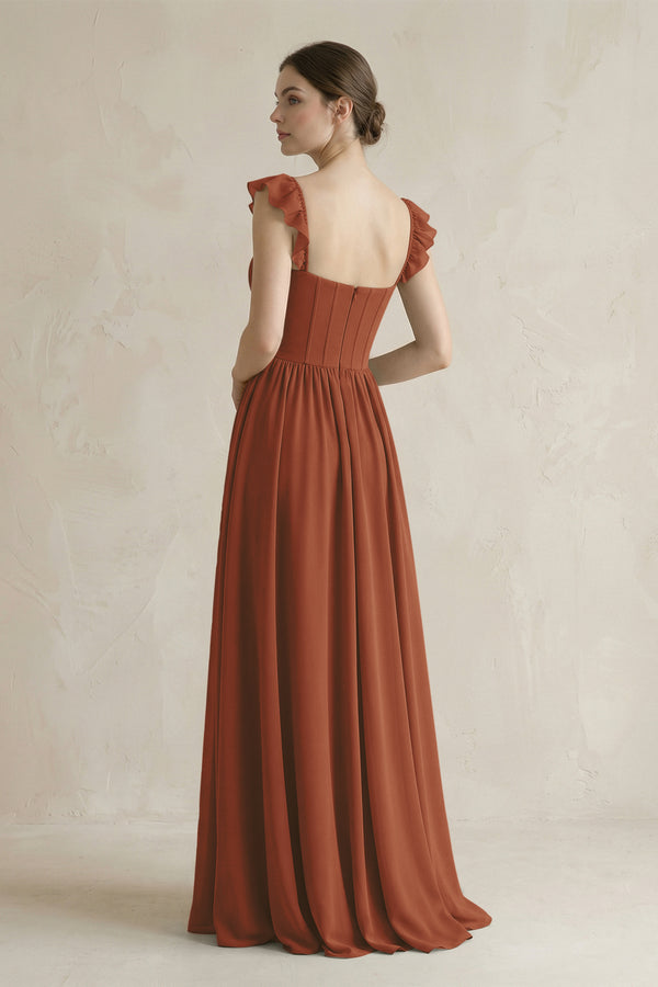 Sweetheart Chiffon Ruffled A-Line Corset Bridesmaid Dress in Terracotta (2) | KISSBRIDAL