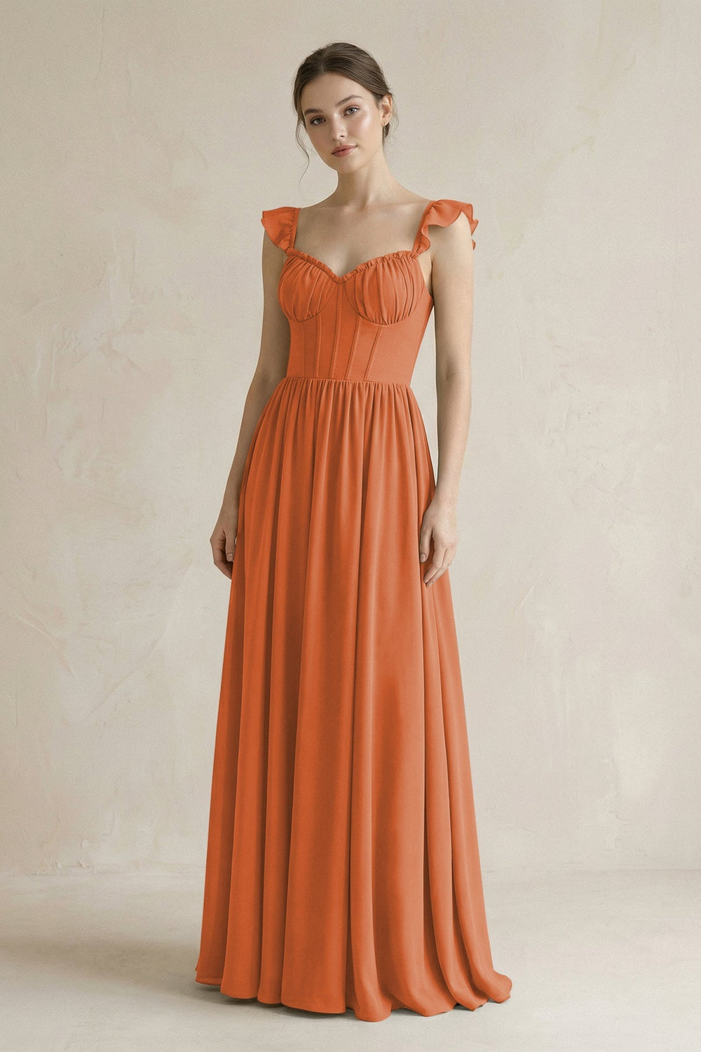 Sweetheart Chiffon Ruffled A - Line Corset Bridesmaid Dress in Terracotta - KISS BRIDAL Bridesmaid Dresses