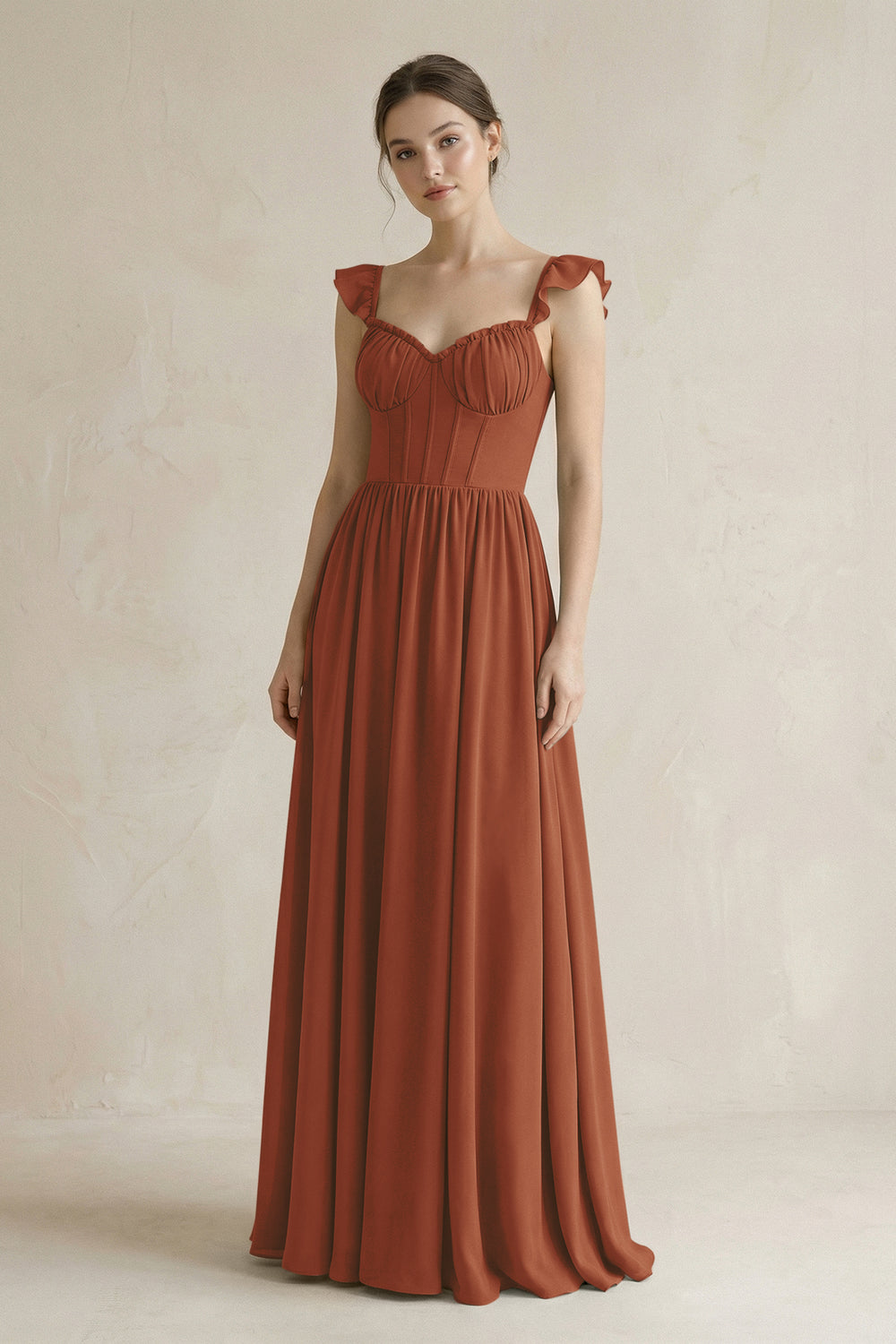 Sweetheart Chiffon Ruffled A-Line Corset Bridesmaid Dress in Terracotta