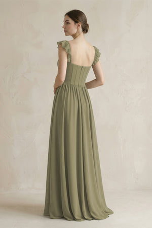 Sweetheart Chiffon Ruffled A-Line Corset Bridesmaid Dress in Thyme (2) | KISSBRIDAL