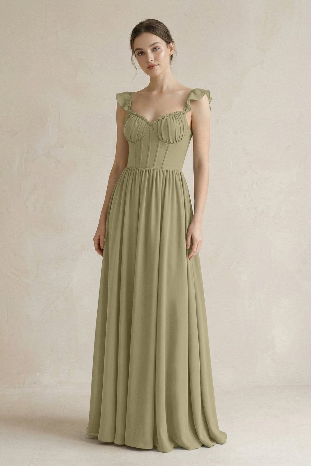 Sweetheart Chiffon Ruffled A - Line Corset Bridesmaid Dress in Thyme - KISS BRIDAL Bridesmaid Dresses