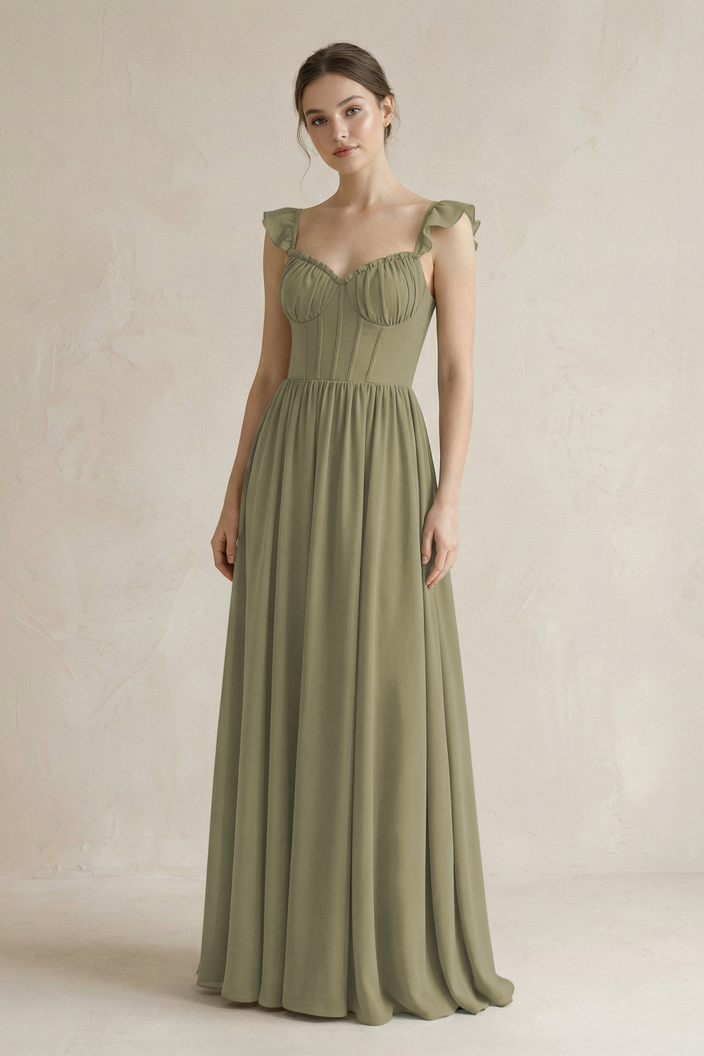Sweetheart Chiffon Ruffled A-Line Corset Bridesmaid Dress in Thyme
