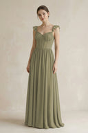 Sweetheart Chiffon Ruffled A-Line Corset Bridesmaid Dress in Thyme | KISSBRIDAL