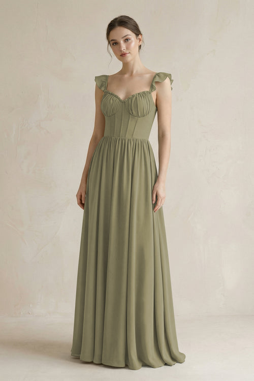 Sweetheart Chiffon Ruffled A-Line Corset Bridesmaid Dress in Thyme | KISSBRIDAL