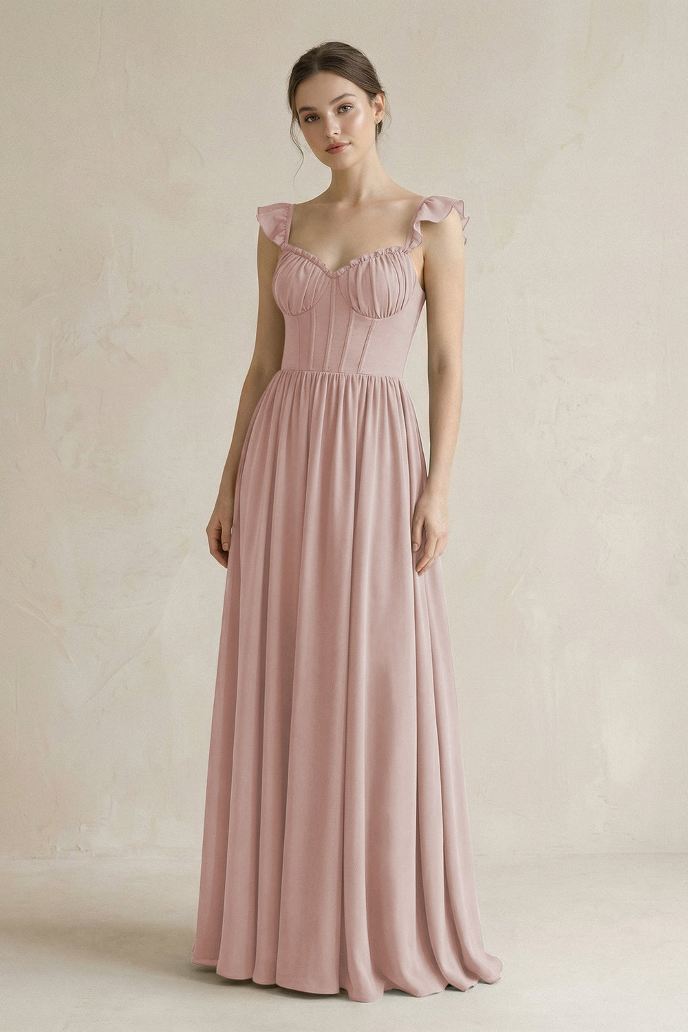 Sweetheart Chiffon Ruffled A - Line Corset Bridesmaid Dress in Toffee - KISS BRIDAL Bridesmaid Dresses
