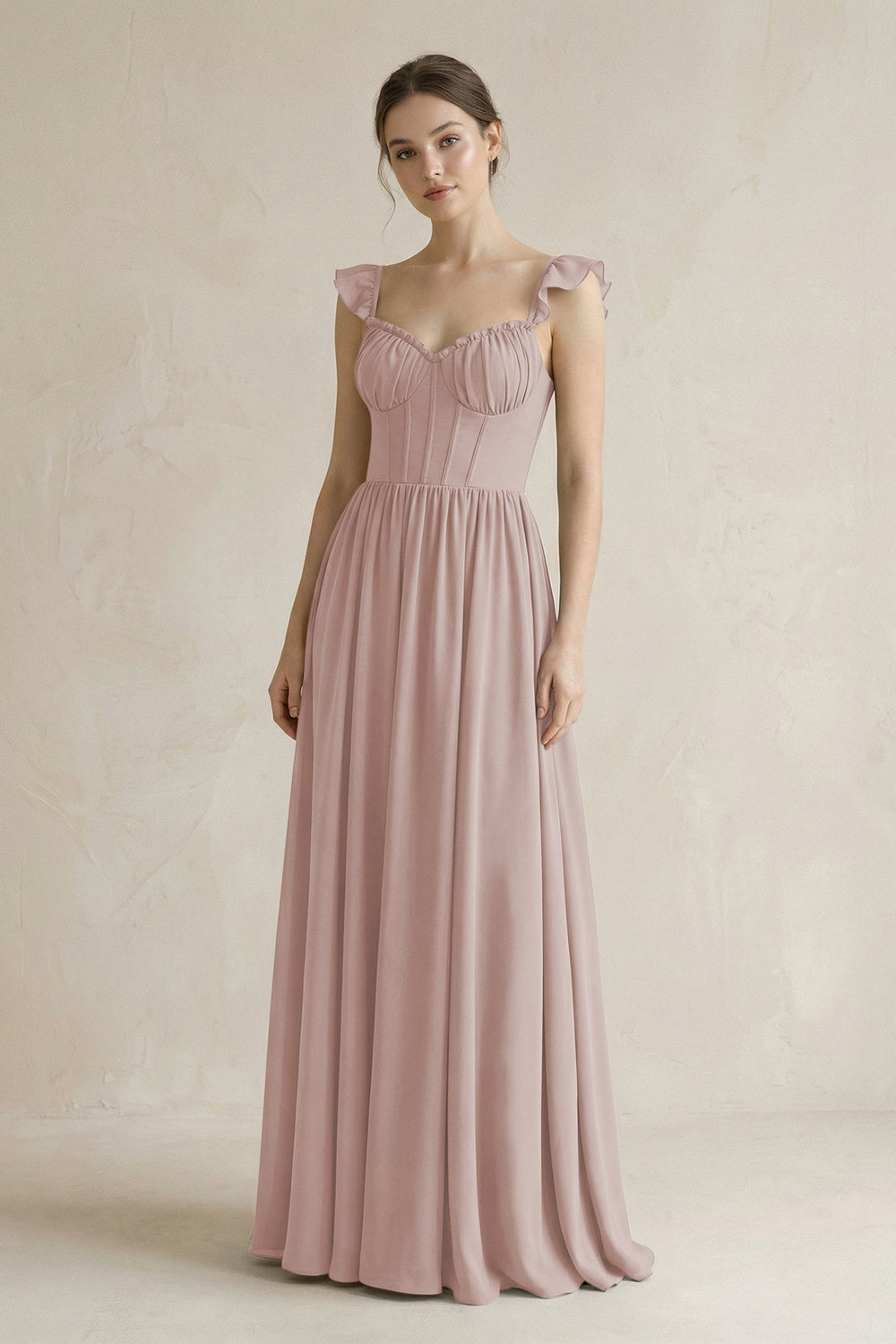 Sweetheart Chiffon Ruffled A-Line Corset Bridesmaid Dress in Toffee