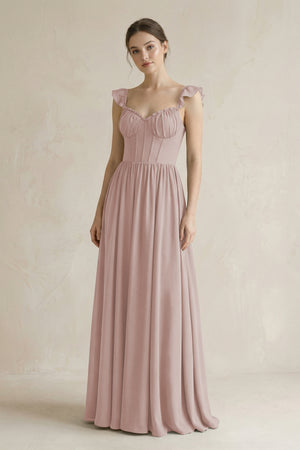 Sweetheart Chiffon Ruffled A-Line Corset Bridesmaid Dress in Toffee | KISSBRIDAL
