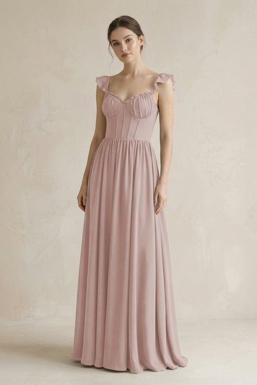 Sweetheart Chiffon Ruffled A-Line Corset Bridesmaid Dress in Toffee | KISSBRIDAL