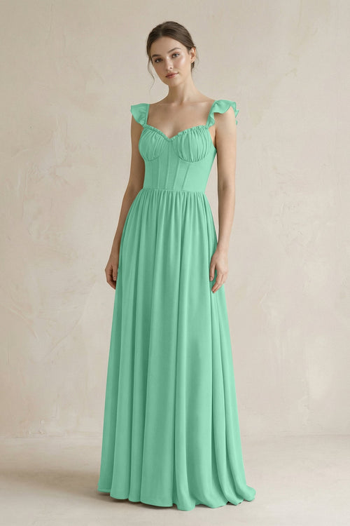 Sweetheart Chiffon Ruffled A - Line Corset Bridesmaid Dress in Turquoise - SHE IS ME Bridesmaid Dresses