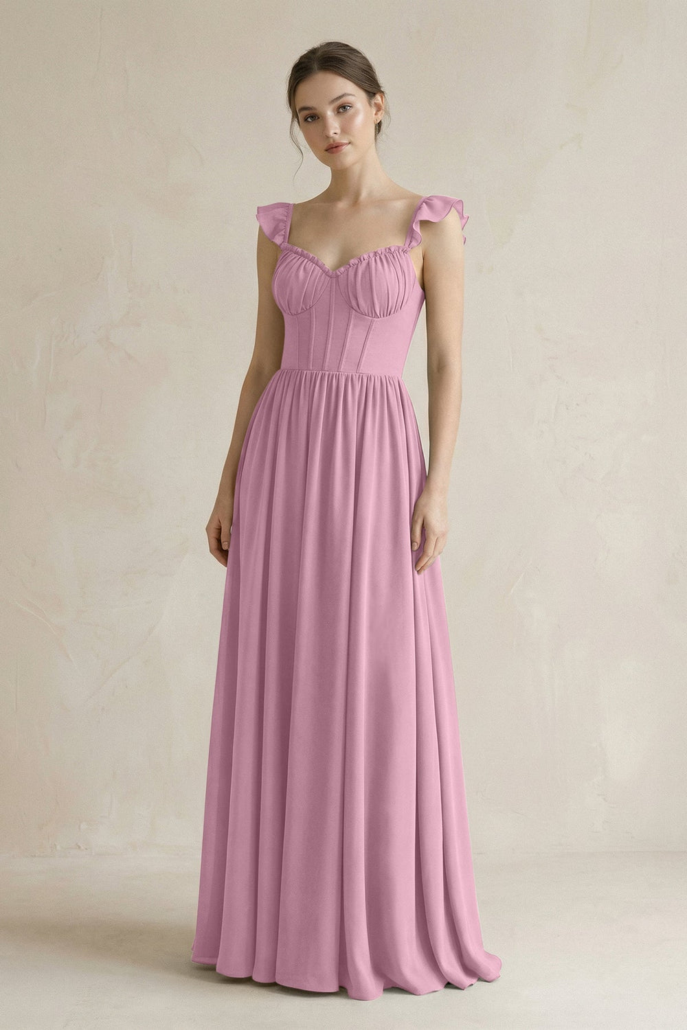 Sweetheart Chiffon Ruffled A - Line Corset Bridesmaid Dress in Vintage Mauve - KISS BRIDAL Bridesmaid Dresses