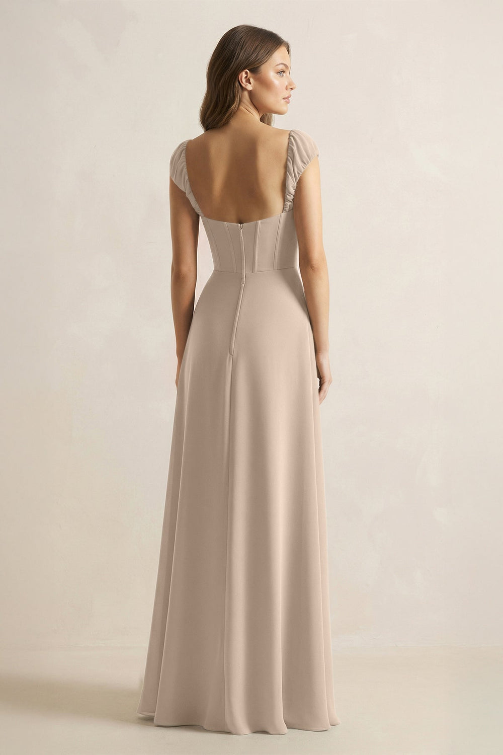 Sweetheart Corset A - Line Chiffon Bridesmaid Dress in Almond - KISS BRIDAL Bridesmaid Dresses