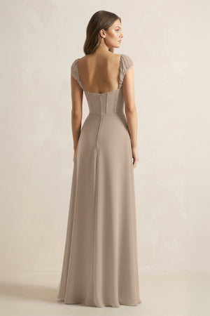 Sweetheart Corset A-Line Chiffon Bridesmaid Dress in Almond (2) | KISSBRIDAL