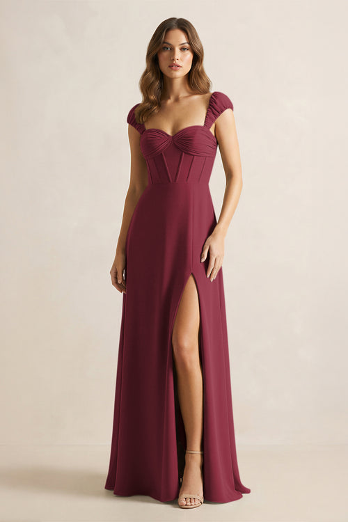 Sweetheart Corset A-Line Chiffon Bridesmaid Dress in Berry | KISSBRIDAL