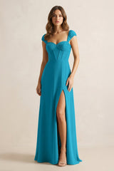 Sweetheart Corset A - Line Chiffon Bridesmaid Dress in Blue Jay - KISS BRIDAL Bridesmaid Dresses