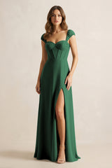 Sweetheart Corset A-Line Chiffon Bridesmaid Dress in Dark Green | KISSBRIDAL