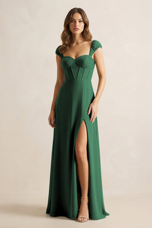 Sweetheart Corset A-Line Chiffon Bridesmaid Dress in Dark Green | KISSBRIDAL