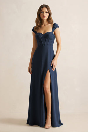Sweetheart Corset A - Line Chiffon Bridesmaid Dress in Dark Navy - SHE IS ME Bridesmaid Dresses
