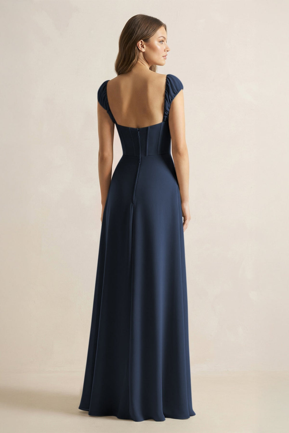 Sweetheart Corset A - Line Chiffon Bridesmaid Dress in Dark Navy - KISS BRIDAL Bridesmaid Dresses