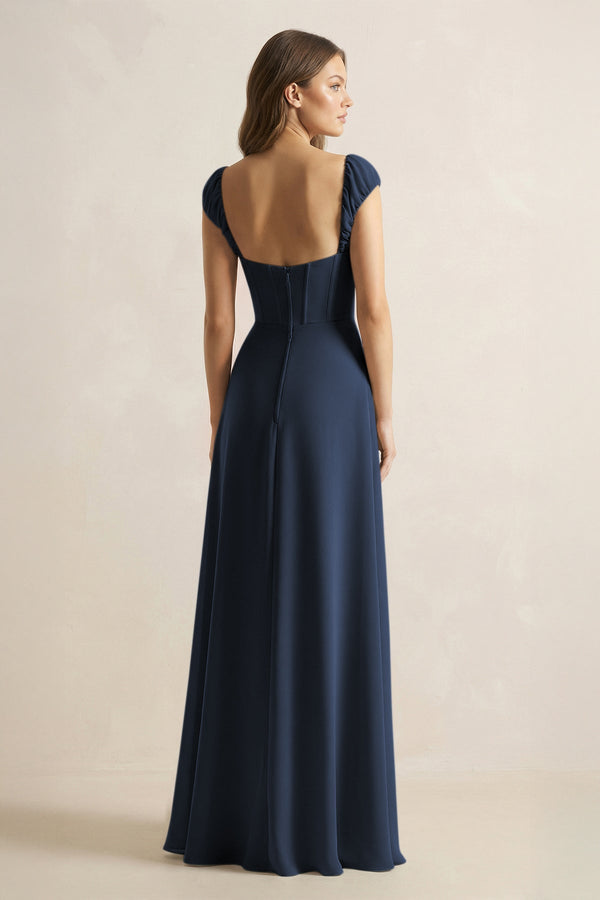 Sweetheart Corset A - Line Chiffon Bridesmaid Dress in Dark Navy - SHE IS ME Bridesmaid Dresses