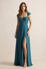 Sweetheart Corset A - Line Chiffon Bridesmaid Dress in Dark Teal - KISS BRIDAL Bridesmaid Dresses
