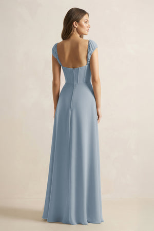 Sweetheart Corset A-Line Chiffon Bridesmaid Dress in Dusty Blue (2) | KISSBRIDAL