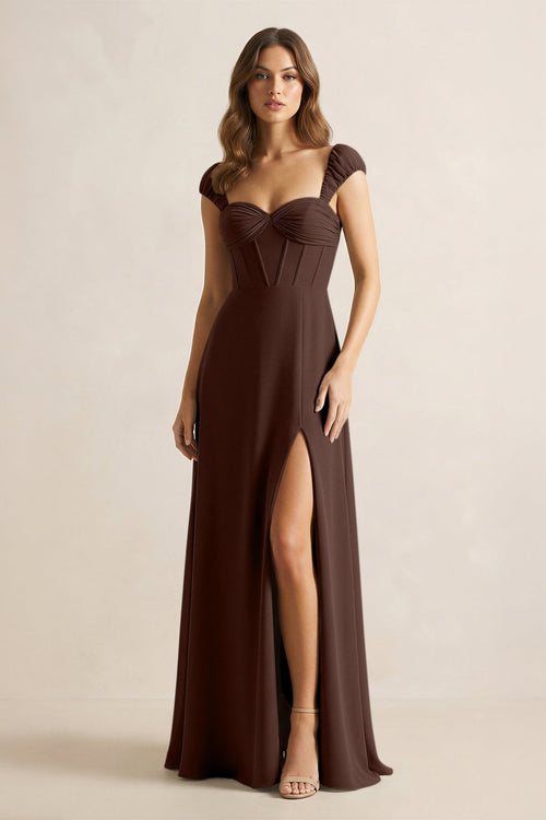 Sweetheart Corset A - Line Chiffon Bridesmaid Dress in Espresso - SHE IS ME Bridesmaid Dresses