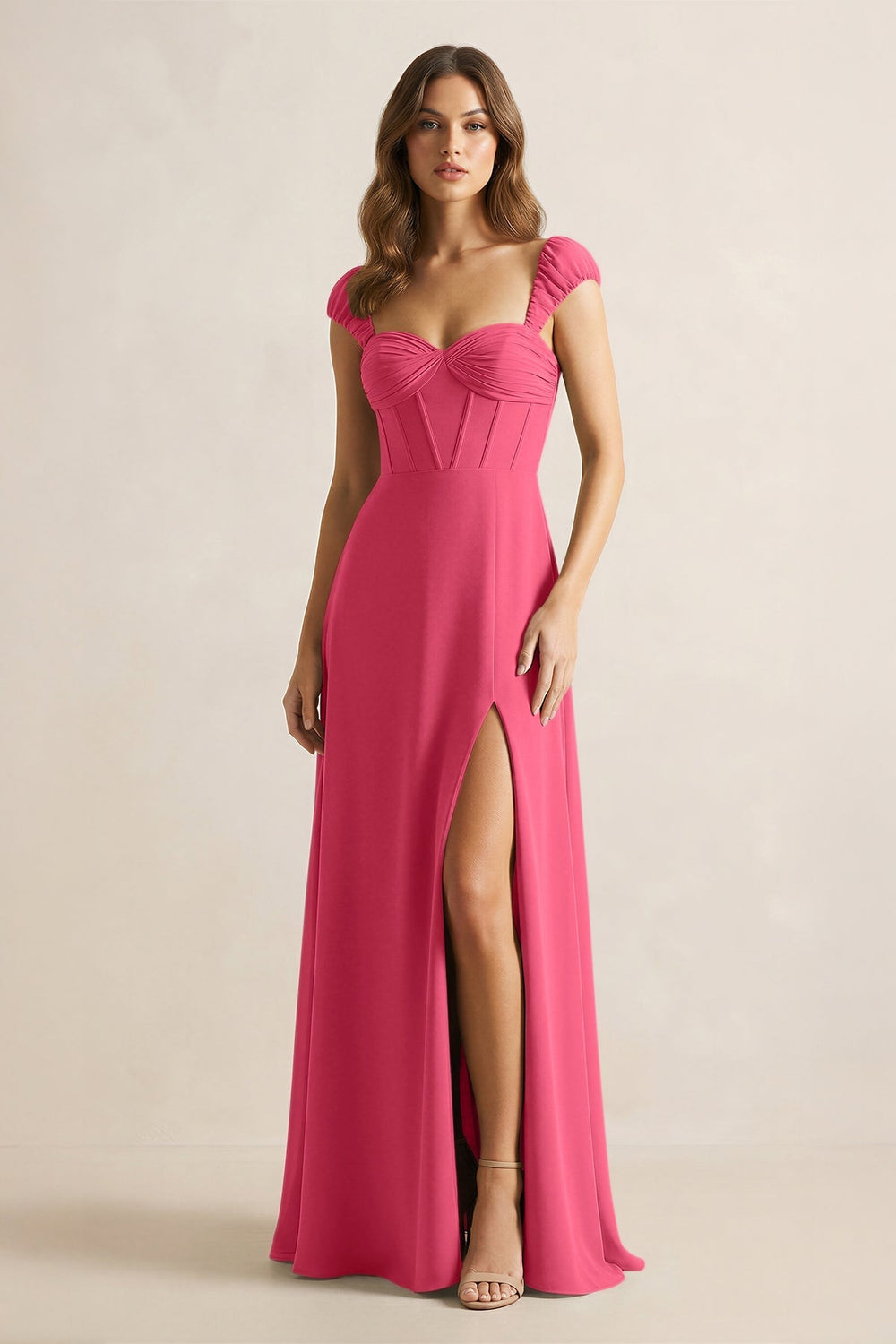 Sweetheart Corset A - Line Chiffon Bridesmaid Dress in Fuchsia - KISS BRIDAL Bridesmaid Dresses