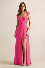 Sweetheart Corset A-Line Chiffon Bridesmaid Dress in Fuchsia | KISSBRIDAL