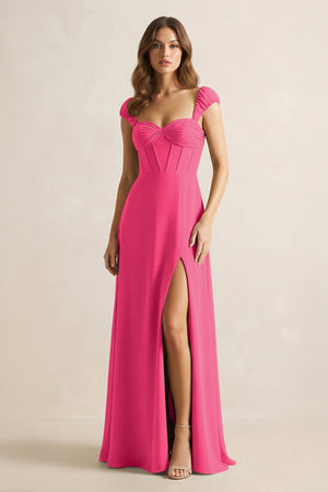 Sweetheart Corset A-Line Chiffon Bridesmaid Dress in Fuchsia | KISSBRIDAL