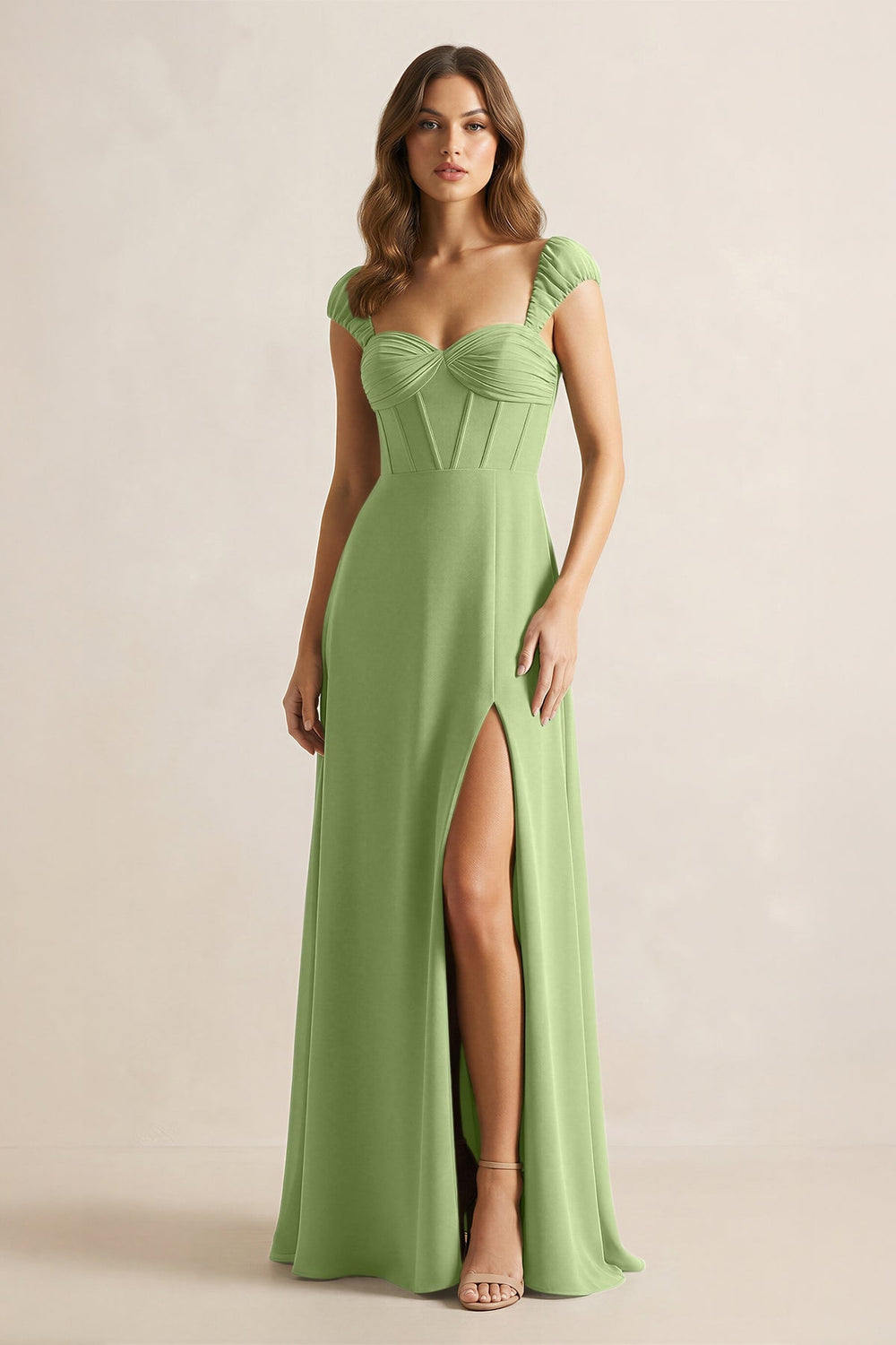 Sweetheart Corset A - Line Chiffon Bridesmaid Dress in Matcha - KISS BRIDAL Bridesmaid Dresses