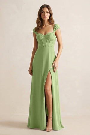 Sweetheart Corset A - Line Chiffon Bridesmaid Dress in Matcha - SHE IS ME Bridesmaid Dresses