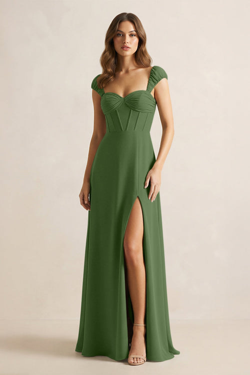 Sweetheart Corset A - Line Chiffon Bridesmaid Dress in Moss - SHE IS ME Bridesmaid Dresses
