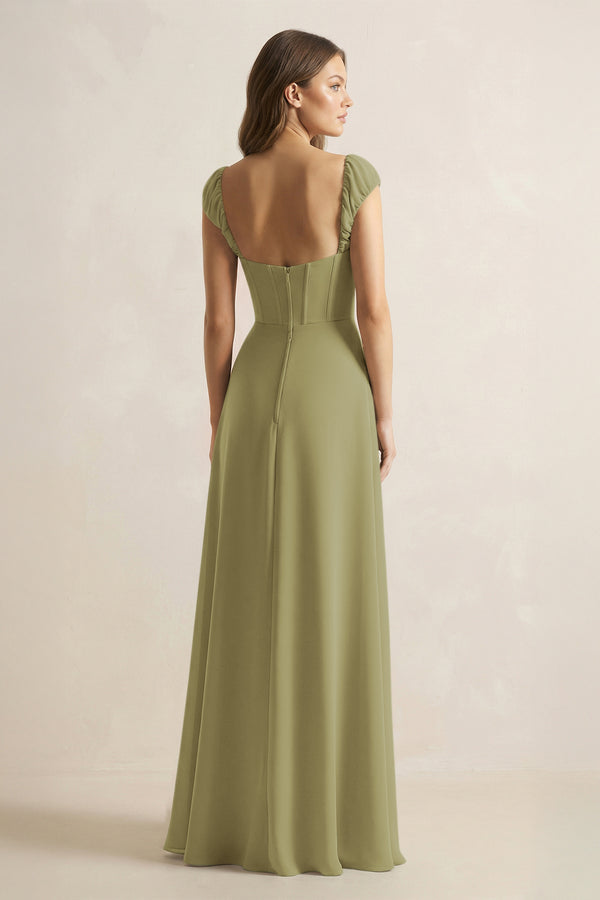 Sweetheart Corset A-Line Chiffon Bridesmaid Dress in Moss Green (2) | KISSBRIDAL