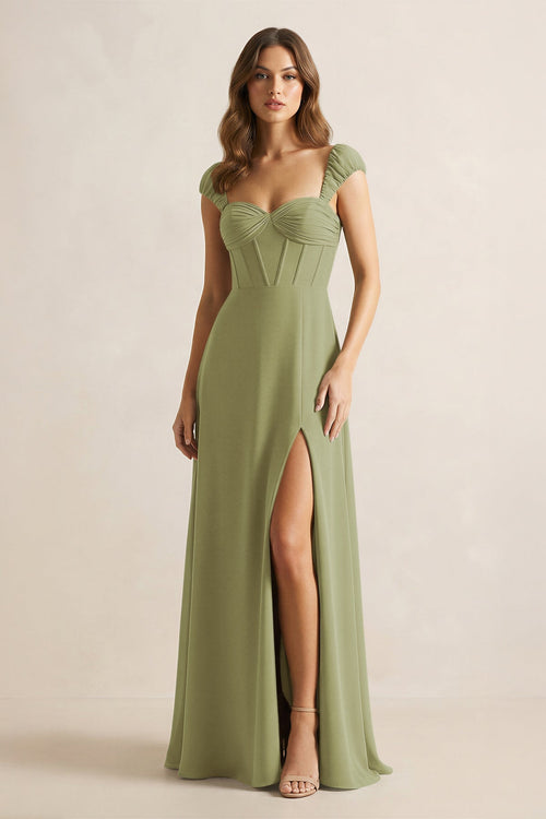 Sweetheart Corset A - Line Chiffon Bridesmaid Dress in Moss Green - SHE IS ME Bridesmaid Dresses