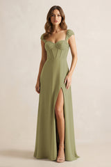 Sweetheart Corset A-Line Chiffon Bridesmaid Dress in Moss Green | KISSBRIDAL