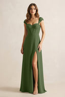 Sweetheart Corset A-Line Chiffon Bridesmaid Dress in Moss | KISSBRIDAL