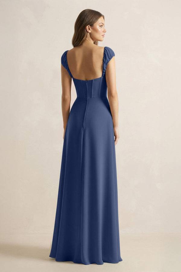 Sweetheart Corset A - Line Chiffon Bridesmaid Dress in Navy - SHE IS ME Bridesmaid Dresses