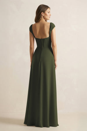 Sweetheart Corset A-Line Chiffon Bridesmaid Dress in Olive (2) | KISSBRIDAL