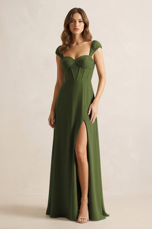 Sweetheart Corset A - Line Chiffon Bridesmaid Dress in Olive - SHE IS ME Bridesmaid Dresses